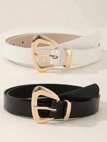2pcs Set Gold Buckle Leather Belt Women's Waist Belt, Versatile For Dresses And Casual Pants, Suitable For Daily Wear, PU Leather 2.3CM Wide - Black and White - View 1