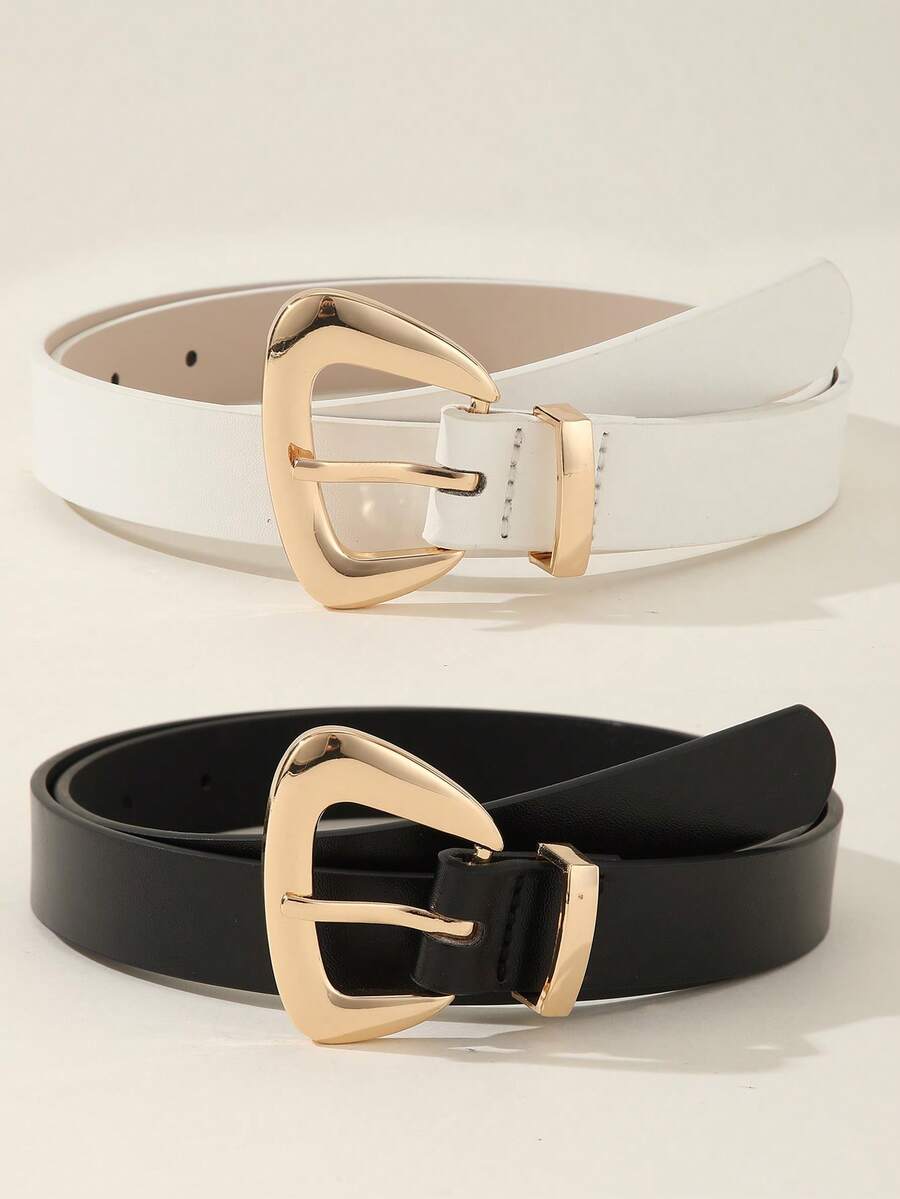 2pcs Set Gold Buckle Leather Belt Women's Waist Belt, Versatile For Dresses And Casual Pants, Suitable For Daily Wear, PU Leather 2.3CM Wide - Black and White - View 1