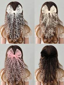 1pc Girls White Lace Embroidered Cute Elegant Long Tail Bow Veil Hair Clip Children Hair Accessory - Multicolor - View 11
