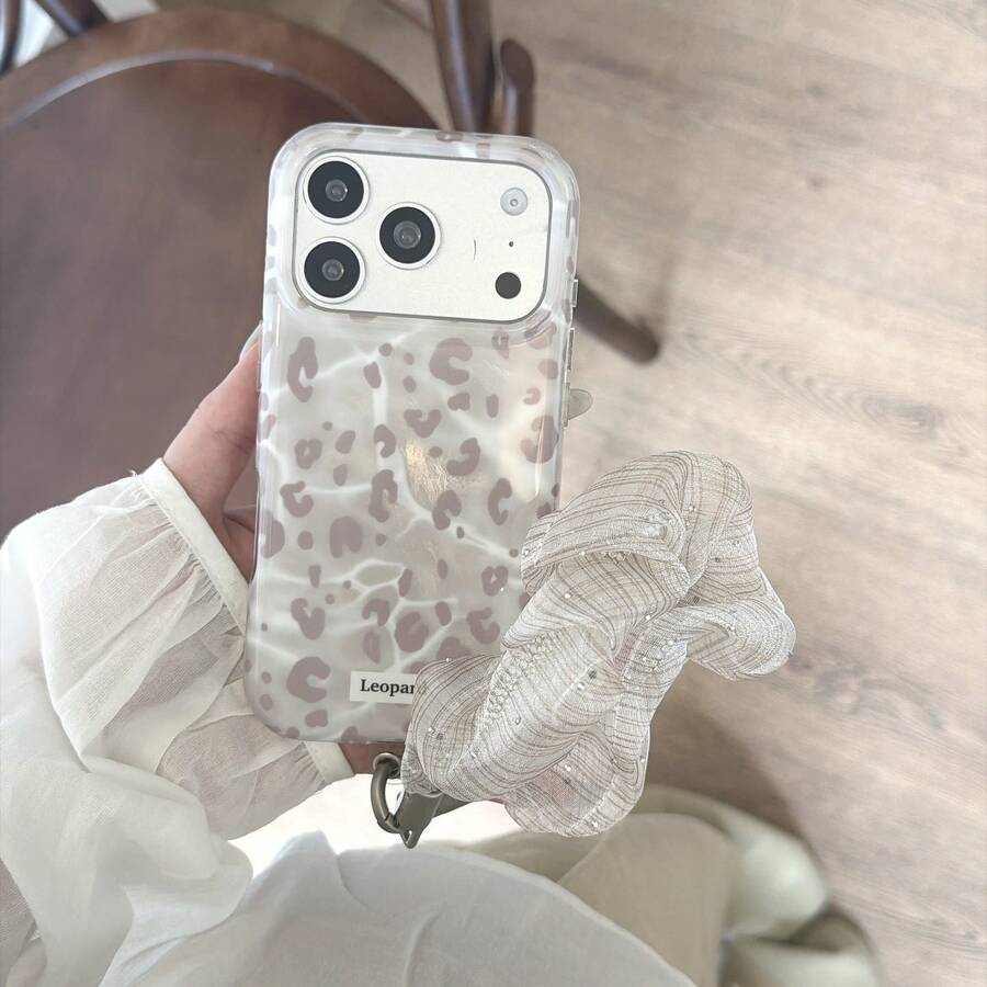 Minimalist Leopard Print Phone Case, Shockproof Design, 1pc High Transparency White Leopard Print With Lace Wrist Strap, Korean Y2K Fashion Style, Compatible With IPhone 18/17 Pro/17 Pro Max/16/15 Pro Max