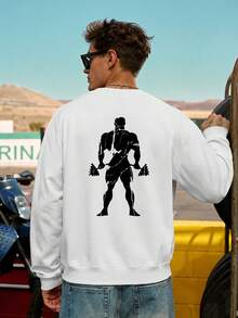 Vintage Bodybuilder Silhouette Print Crew Neck Sweatshirt, Men's Long Sleeve Loose Fit Pullover Sports White Sweatshirt - White - View 3