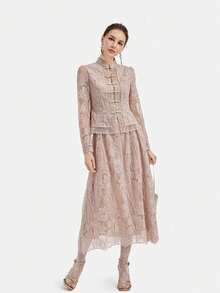 Rich Radi Q's Women's Elegant Lace Patchwork Long Sleeve 2 Pieces Set, Pink Stand Collar Top With Flowy Long Skirt - Pink - View 1