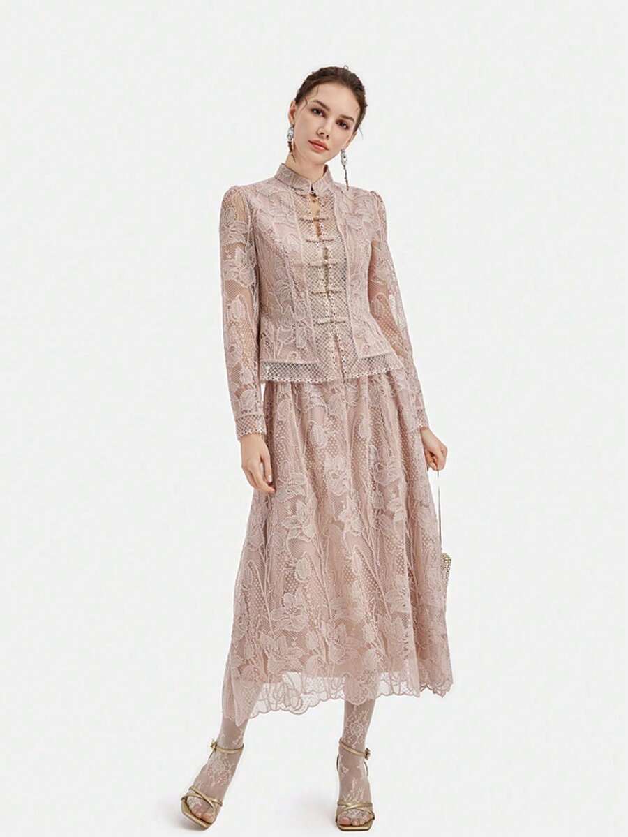 Rich Radi Q's Women's Elegant Lace Patchwork Long Sleeve 2 Pieces Set, Pink Stand Collar Top With Flowy Long Skirt - Pink - View 1