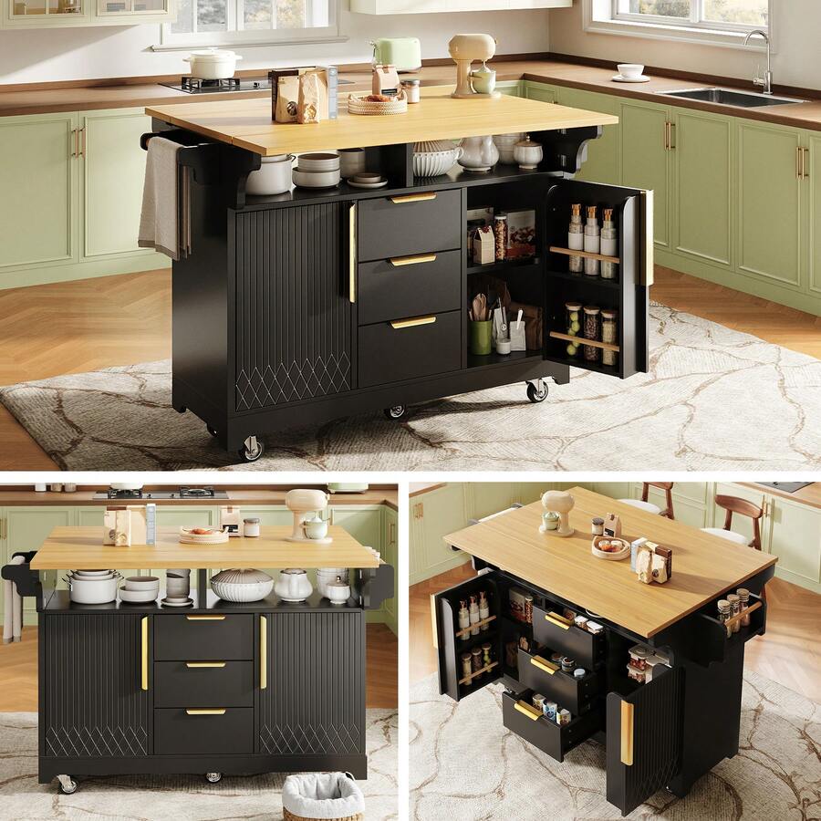Sideboard Made Of Wood With 3 Drawers With Storage Adjustable Black For Living Room And Dining Room - Black - View 1