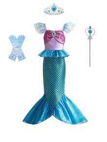 Young Girls Blue & Purple Sequin Mermaid Dress With Gemstone Brooch And Flutter Sleeves, Party Performance Dress, Matching Magic Wand, Crown And Glove Set, Party Evening Gown, Role Play, Suitable For Girls Birthday Gift, Suitable For Beach Party, Friends Gathering And Other Large Events - Purple - View 2