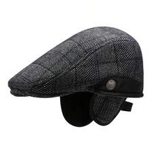1pc Men's Thickened Ear-Protective Warm Baseball Cap, Autumn/Winter, Middle-Aged And Elderly, Thermal Lined Wool Plaid Beret - A - View 3
