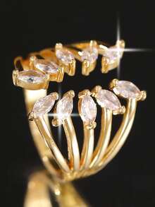 1pc Luxury Sparkling Multi‑Layer Cubic Zirconia Open Ring, Marquise Cut Adjustable Statement Ring For Women, Party Evening Jewelry Gift - Yellow Gold - View 9