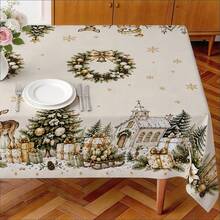 1pc Christmas Town Tablecloth, Christmas Wreath Snowman Deer Snowflake Christmas Tree Print Pattern, Polyester Material Single-Sided Print, Suitable For Tabletop, Washable And Reusable, Suitable For Indoor, Outdoor, Yard, Wedding, Banquet, Party, Outdoor Dining, Suitable For Craft Exhibition, Banquet Event Decoration - Multicolor - View 8