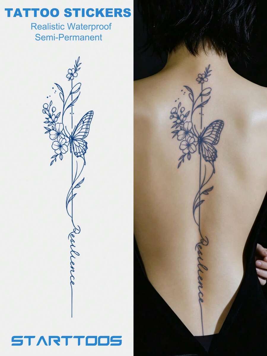 STARTTOOS Herbal Juice Semi-Permanent Long Strip Back Spine Tattoo Sticker - Butterfly Floral Stripe Pattern 7-12 Days No Fading DIY Carnival Beach Party Holiday Gift Arm Thigh Waterproof Tattoo Sticker 1pc/Pack - Blue - View 1