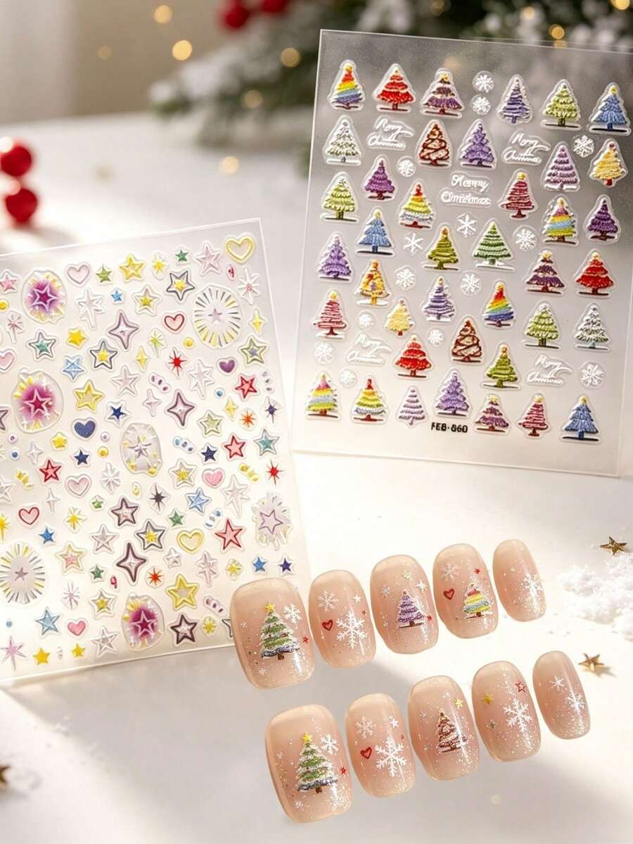 1/2 Sheets Atmospheric Christmas Nail Stickers, Holiday Style Nail Decals, Exquisite Nail Art Appliques, Colorful Christmas Tree Snowflake Star Heart Patterns, Vibrant Multi-Color Tones, Thin Yet Durable 3D Stickers, Firm Adhesion Without Peeling, Rich Complete Mixed Color Design, Suitable For DIY Nails And Press-On Nail Making, Easily Create Winter Christmas Atmosphere Fingertips - Multicolor - View 1