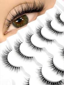 Asiteo 6 Pairs Cat Eye Transparent Stem False Eyelashes, Slim Faux Mink Natural Style, Fluffy Short Lash Extensions, Suitable For Daily Or Commuter Makeup, Beginner Friendly - Black - View 2