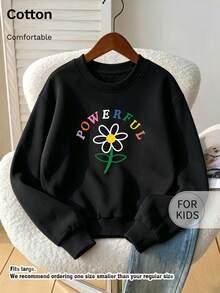 Children's Crew Neck Sweatshirt, Colorful Letter & Daisy Print Pure Cotton Pullover, Soft Casual Long Sleeve Top - Black - View 1