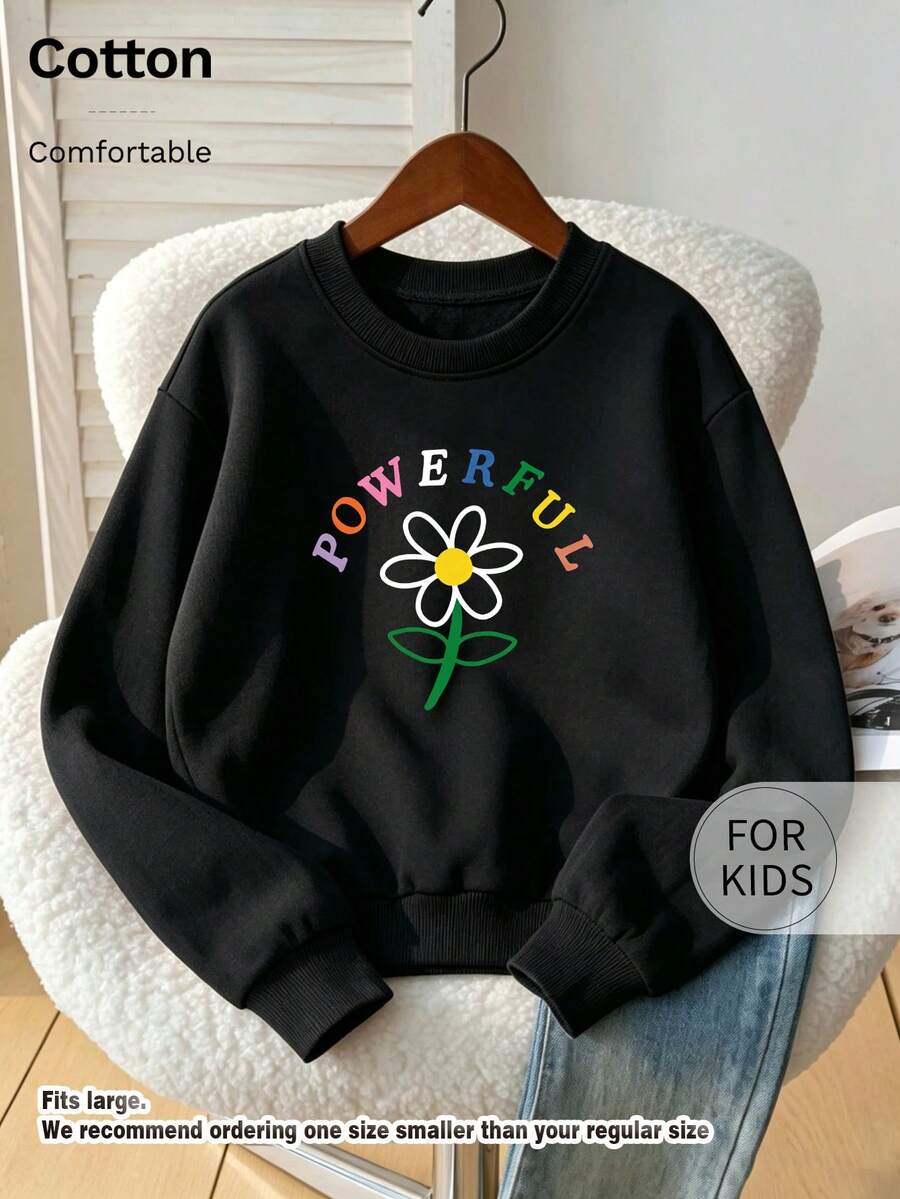 Children's Crew Neck Sweatshirt, Colorful Letter & Daisy Print Pure Cotton Pullover, Soft Casual Long Sleeve Top - Black - View 1