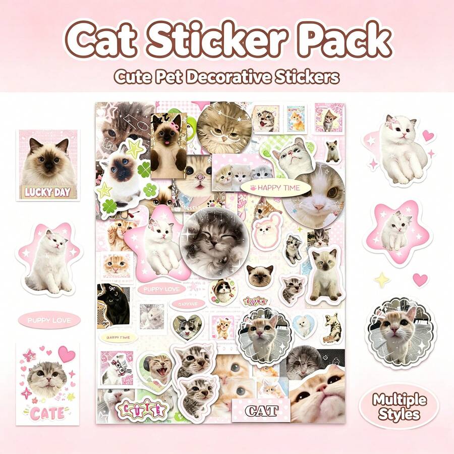 50pcs Vintage Style Cat Graffiti Stickers, Cute Cartoon Cat Decals, DIY Notebook Scrapbook Waterproof Stickers - Multicolor - View 1