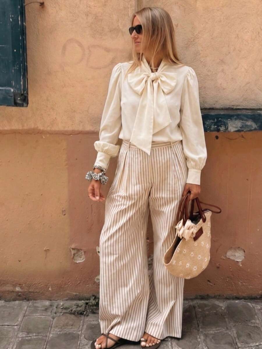 Women's Long Sleeve Blouse With Detachable Oversized Bow, French Puff Sleeves, Stand Collar, Office/Casual Wear, Suitable For Work, Daily, New Year And Various Occasions Spring