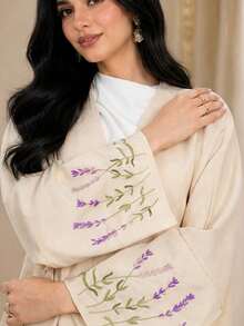 1pc Middle Eastern Elegant Embroidered Cover Up Abaya Women's V-Neck Long Outerwear Robe With Lavender Floral Embroidery Cuffs Loose Cover-Up - Apricot - View 4