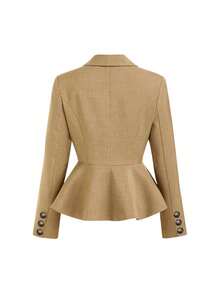 French Style Khaki Cinched Waist Ruffle Hem Blazer For Women, Notch Lapel Double-Breasted Design, Fishtail Ruffle Hemline, Cuff Button Decor, Slim Fit Flattering Vintage Short Suit Jacket - Khaki - View 8
