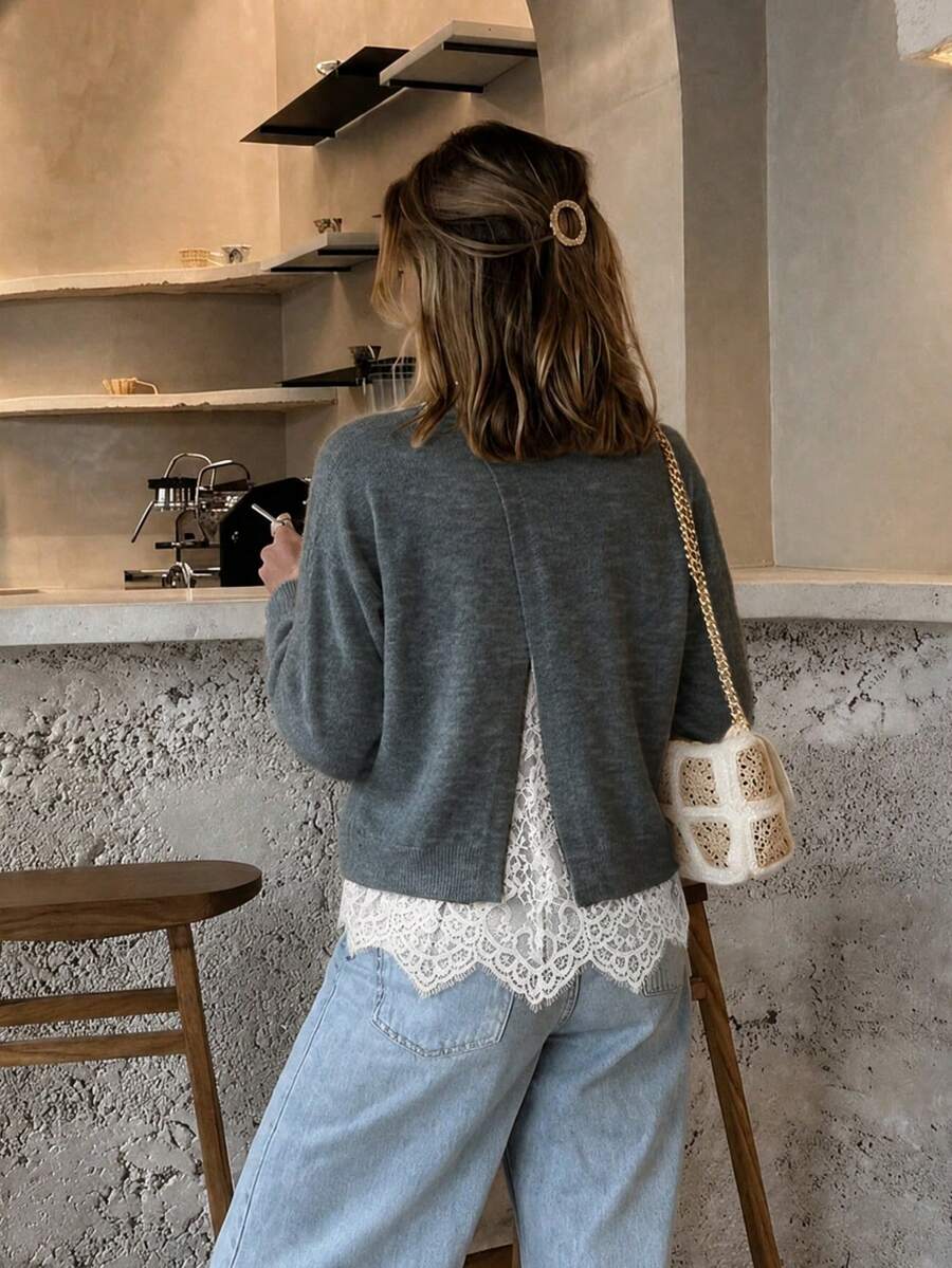 Solid Color & Marled Yarn Lace Collar Casual Women's Sweater Fall - Grey - View 1