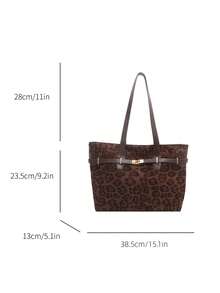 Tas Tote Wanita Motif Leopard Vintage, Dekorasi Gesper Logam Emas, Tas Tangan PU Kapasitas Besar, Cocok Untuk Kerja, Perjalanan, dan Perjalanan Sehari-hari. - Kopi - View 6