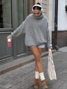 Women's Minimalist Fashion Loose Grey Knitted Wool Sweater. Long Sleeve High Neck Pullover With Ribbed Knit Details. Autumn Essential. Fashionable And Soft. - Grey - View 3