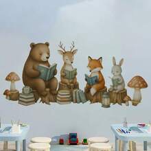 1pc 2D Forest Animal Reading Wall Sticker, Self-Adhesive Decorative Sticker For Reading Corner - Multicolor - View 4