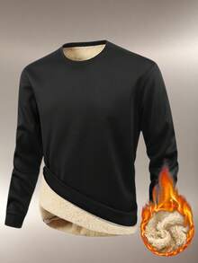 Men's Autumn/Winter Outdoor Thermal Lined Warm Sweatshirt, Fashion Thick Lamb Fleece Crew Neck Sweatshirt, Versatile Long Sleeve Top For Men - Black - View 4