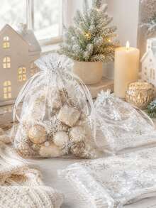 100pcs Christmas Snowflake Organza Bags, Transparent Drawstring Gift Bags, Suitable For Candy, Snacks, Jewelry, Small Gifts, Christmas Party Favors Packaging - Christmas Gift Bag - View 6