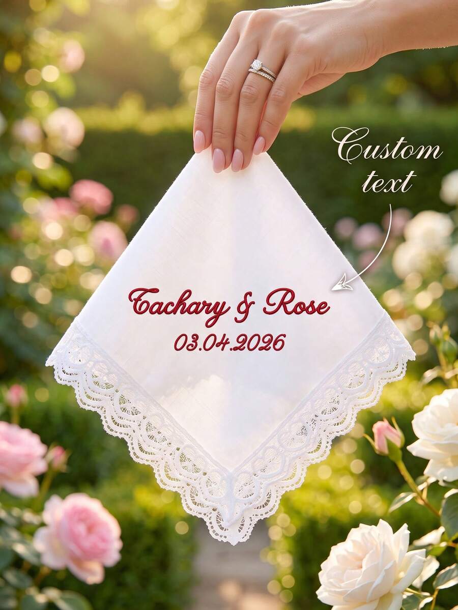 1pcCustom Text Lace Trim Bridal Handkerchief, Custom Bride Soft White Lace Handkerchief For Wedding Tears Of Joy, Wedding Keepsake Souvenir For Brides - Multicolor - View 1