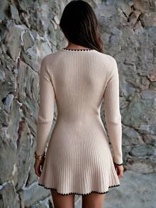 Women's Cream Ribbed Knit Dress, Long Sleeve Design, Fashion Mini Length, Decorated With Contrasting Fan-Shaped Trim, Autumn - Apricot - View 2