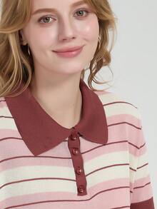 Atasan Rajut Lengan Pendek Berkerah dengan Kancing Setengah, Motif Garis Horizontal Warna Pink, Putih, dan Cokelat untuk Wanita, Cocok untuk Musim Gugur/Dingin (Pakaian Rajut Wanita) - MultiWarna - View 3