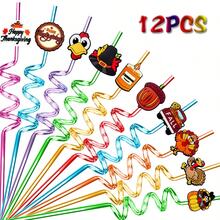 WJLLMYBAKING 12pcs Reusable Plastic Spiral Straws For Thanksgiving Party, Including Turkey/Pumpkin/Hat Patterns, Suitable For Thanksgiving Party Decoration And Small Gifts - Multicolor - View 1