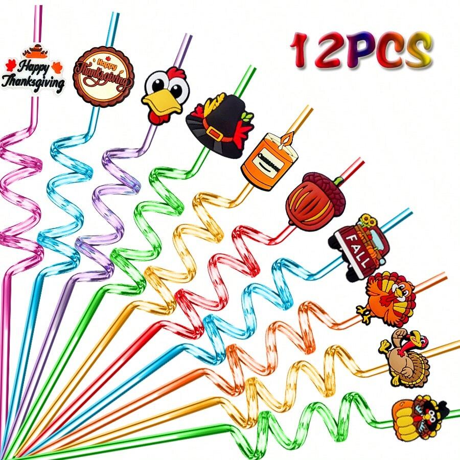 WJLLMYBAKING 12pcs Reusable Plastic Spiral Straws For Thanksgiving Party, Including Turkey/Pumpkin/Hat Patterns, Suitable For Thanksgiving Party Decoration And Small Gifts - Multicolor - View 1