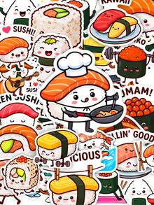 50Pcs Cartoon Sushi Decorative Stickers, Cute Japanese Food Waterproof Stickers For Laptop, Water Bottle, Journal, Scrapbook - Multicolor - View 5