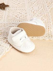 1 Pair Newborn Infant Solid Color Hook-And-Loop Flat Design Casual Fashion Versatile Infant Walking Shoes Suitable For Spring And Autumn - White - View 4
