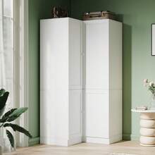 VOWNER 70.9" Tall Corner Armoire Wardrobe Closet, Modern Wardrobe With Hanging Rod & Crystal Handle, 5 Shelves & Cabinet, Smart Partition Storage Design, Large Storage Wardrobe For Bedroom, White - White - View 6