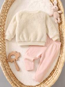 Baby Girl Beige 3D Rabbit Ear Plush Sweatshirt & Light Pink Slim Fit Leggings, Soft Cute 2 Pieces Set For Autumn/Winter - Pink - View 3