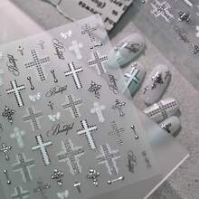 2 Sheets 5D Halloween Gothic Nail Stickers, 2PCS Vintage Lace Cross, Bow & Letter Nail Decals, Silver Rivet Texture Self‑Adhesive Dark Punk Y2K Nail Art Stickers, Retro Religious Cross Pattern Nail Decor Accessories For Halloween Cosplay Daily DIY - Multicolor - View 6