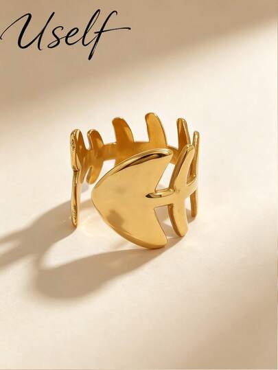 Uself 1pc Women's Abstract Fishbone Hollow Wide Open Cuff Bracelet, Luxury Gold Texture, Daily Party Outfit Decorative Hand Accessory