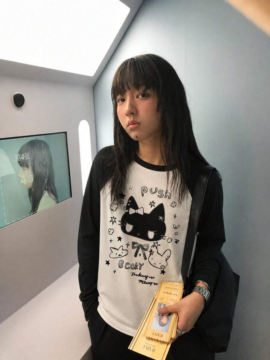Y2K Sweet & Cool Style Raglan Long Sleeve T-Shirt For Women, Loose Fit Slimming Cute Cat Print Long Sleeve Top - White - View 1