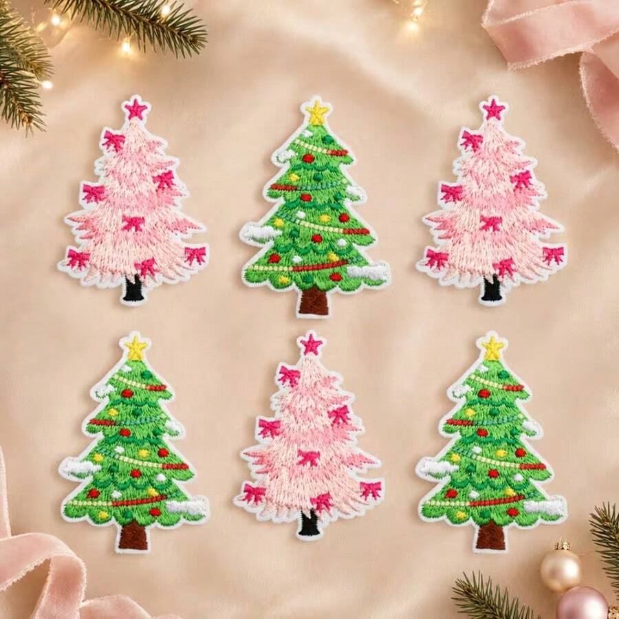 6pcs Christmas Tree Embroidered Patch Stickers, Green And Pink Christmas Decor Fabric Patches With Star And Colorful Light Patterns, Holiday Atmosphere Stickers For Clothes, Hats, Bags, DIY Creative Decoration, Hole Repair, Sewable And Iron-On