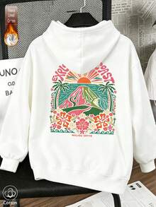 Women's Casual White Printed Sweatshirt, Coast And Floral Pattern, Long Drop Shoulder Pullover, Warm Fleece Lining, Suitable For Autumn Wear - White - View 11