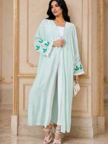 Women's Mint Green Long Kaftan Robe, Kimono Style Long Sleeve, Embroidered Details, Flowy Loose Woven Fabric Robe - Mint Green - View 3
