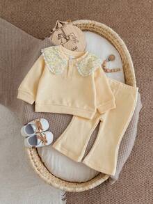 2Pcs/Set Baby Girl Floral Patchwork Peter Pan Collar Long Sleeve Outfit, Infant Ribbed Knit Top And Flare Pants Set - Yellow - View 2