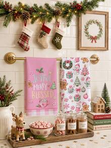2pcs Cartoon Pink Christmas Elements Gingerbread Man Snowman Candy Pattern Kitchen Towels, 40*60cm Soft Microfiber Material Tea Towels, Suitable For Home Kitchen Restaurant Outdoor Camping Tabletop Cleaning Dish Cloth Hand Towel Accessories, Cute Christmas Theme Kitchen Towels Holiday Gift - Multicolor - View 2