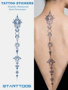 Herbal Juice Semi-Permanent Long Strip Back Spine Tattoo Sticker - Star Moon Symbol Floral Pattern 7-12 Days No Fading DIY Carnival Beach Party Holiday Gift Arm Leg Waterproof Tattoo Sticker 1pc/Pack - Blue - View 1