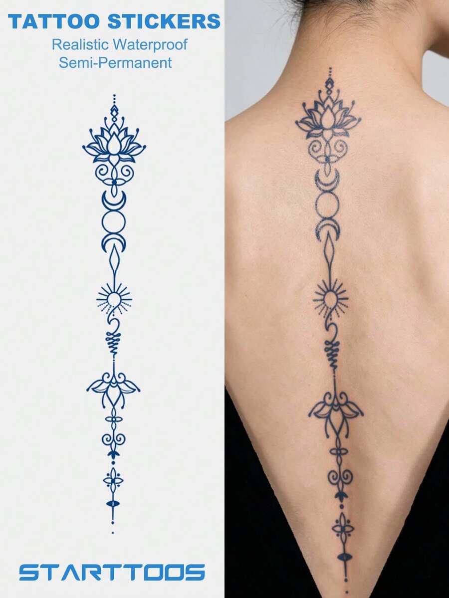 Herbal Juice Semi-Permanent Long Strip Back Spine Tattoo Sticker - Star Moon Symbol Floral Pattern 7-12 Days No Fading DIY Carnival Beach Party Holiday Gift Arm Leg Waterproof Tattoo Sticker 1pc/Pack - Blue - View 1