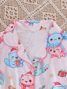 2pcs/Set Winter New Girls Pajamas, Cute Christmas Hexagonal Dragon All-Over Print Lapel Button Long Sleeve Top And Pants, Flame Retardant Comfortable Mid-To-Large Children Home Wear, Christmas Party Wearable Loungewear Set - Multicolor - View 6