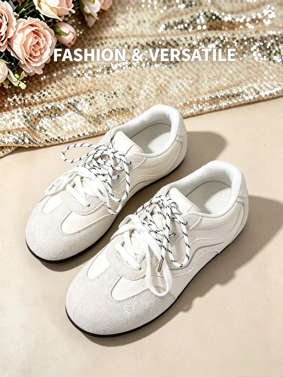 Women's Cute Embroidered Round Toe Colorblock Patchwork Casual Shoes, Lightweight Spring/Autumn Outdoor Shopping Shoes - White Gray - View 1