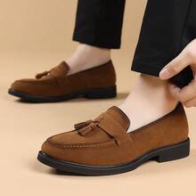 Men's Brown Suede Loafers With Tassel Decor, Elongated Toe, Contrast Stitching, Trimmed Edges, Low Heel, Premium Quality, Suitable For Suits, Weddings, Banquets, Casual Wear - Brown - View 7