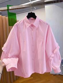 Solid Color Front Button Ruffle/Flounce Trim Blouse, Long Sleeve Shirt For Women, Spring Summer Autumn - Baby Pink - View 1